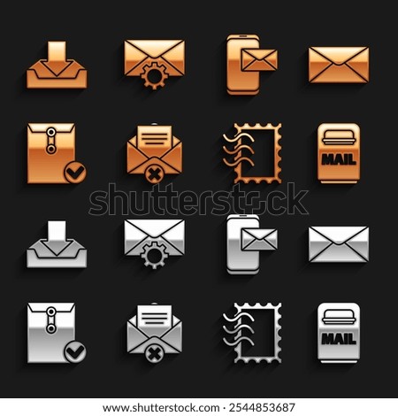 Set Delete envelope, Envelope, Mail box, Postal stamp, and check mark, Mobile, Download inbox and setting icon. Vector