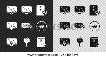 Set Envelope and check mark, Delete envelope, with shield, Mail message lock password, box, Valentine heart and  icon. Vector