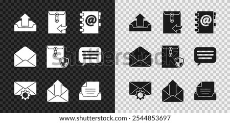 Set Upload inbox, Envelope, Address book, setting, Outgoing mail, Drawer with document,  and shield icon. Vector