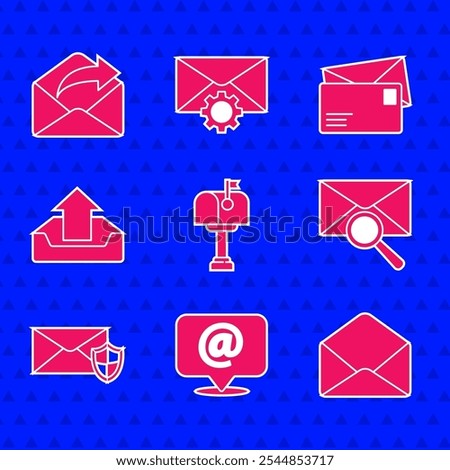 Set Mail box, and e-mail on speech bubble, Envelope, with magnifying glass, shield, Upload inbox,  and Outgoing icon. Vector