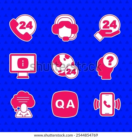 Set Telephone 24 hours support, Question and Answer, Head with question mark, Speech bubble chat, Monitor information,  and  icon. Vector