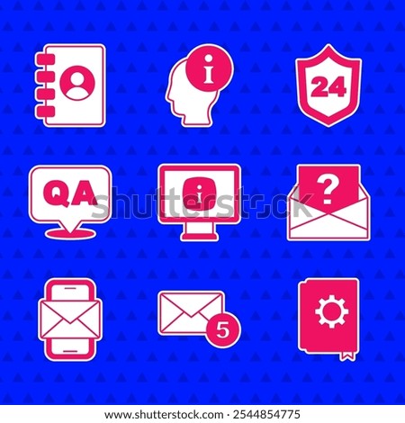 Set Monitor with information, New, email incoming message, User manual, Envelope question mark, Mobile and envelope, Question Answer, Telephone 24 hours support and Address book icon. Vector