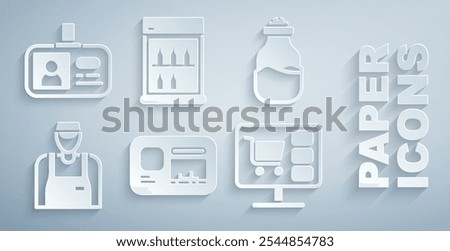 Set Identification badge, Spice in can, Seller, Shopping cart computer, Commercial refrigerator and  icon. Vector