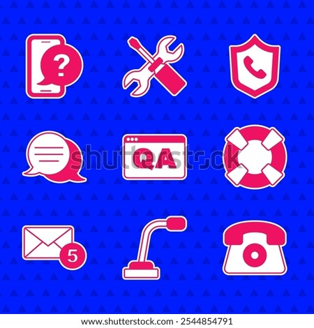 Set Question and Answer, Microphone, Telephone 24 hours support, Lifebuoy, New, email incoming message, Speech bubble chat,  and  icon. Vector