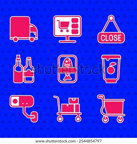 Set Fish plastic tray container, Hand truck and boxes, Shopping cart, Yogurt, Security camera, Whiskey bottle, Hanging sign with Closed and Delivery cargo icon. Vector