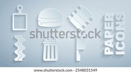 Set Salt, Grilled pork bbq ribs, Bacon stripe, Meat chopper, Burger and Cutting board icon. Vector