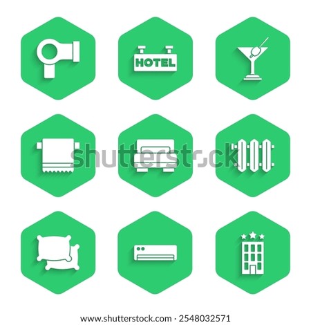 Set Hotel room bed, Air conditioner, building, Heating radiator, Pillow, Towel hanger, Martini glass and Hair dryer icon. Vector