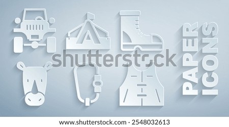 Set Carabiner, Hunter boots, Rhinoceros, Hunting jacket, Tourist tent and Off road car icon. Vector