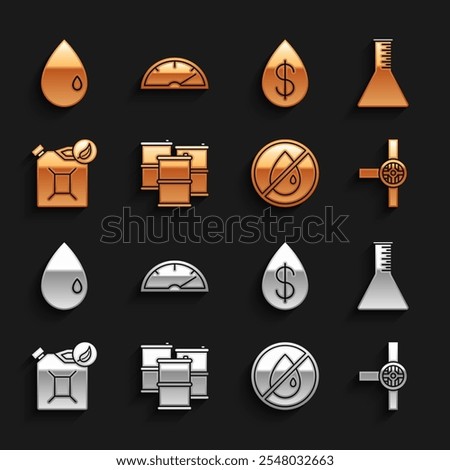 Set Barrel oil, Oil petrol test tube, Industry pipes and valve, No drop, Bio fuel canister, with dollar,  and Speedometer icon. Vector