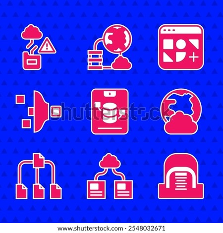 Set Server, Data, Web Hosting, Cloud technology data transfer, Hangar with servers, Social network, Folder tree, Filter setting, Different files and  icon. Vector