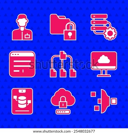 Set Folder tree, Cloud computing lock, Filter setting, technology data transfer, Server, Data, Web Hosting, Browser window, and gear and Analyst engineer icon. Vector