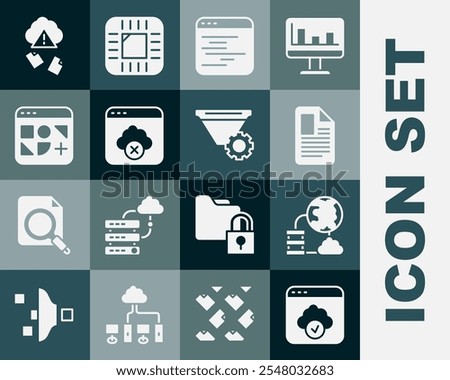 Set Cloud technology data transfer, Network cloud connection, File document, Software, Failed access storage, Different files, hacking and Filter setting icon. Vector