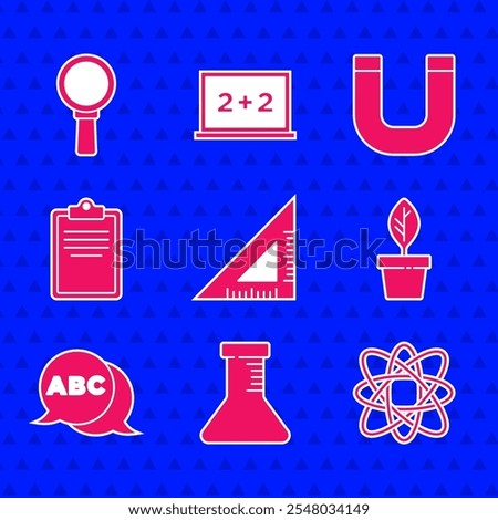 Set Triangular ruler, Test tube and flask, Atom, Plant in pot, Alphabet, Clipboard with checklist, Magnet and Magnifying glass icon. Vector