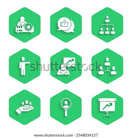 Set Team leader, Search people, Chalkboard with diagram, Project team base, Hand for search, Head hunting, Hierarchy organogram chart and Media projector icon. Vector