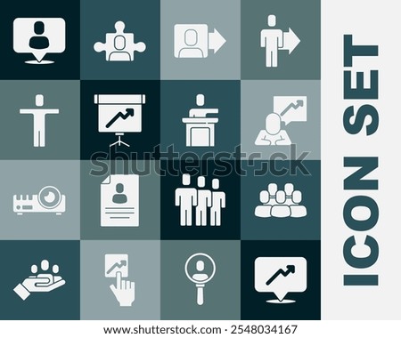 Set Graph, schedule, chart, Project team base, Team leader, Chalkboard with diagram, Head hunting,  and Speaker icon. Vector