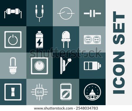 Set Ampere meter, multimeter, voltmeter, Battery charge level indicator, Electrical outlet, circuit scheme, light switch, Resistor electricity and Light emitting diode icon. Vector