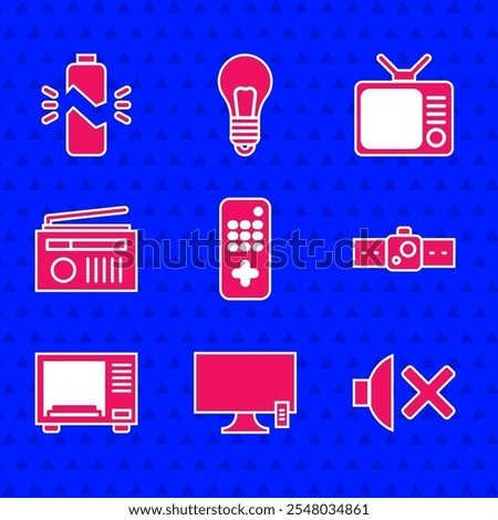 Set Remote control, Smart Tv, Speaker mute, Smartwatch, Microwave oven, Radio with antenna, Retro tv and Broken battery icon. Vector