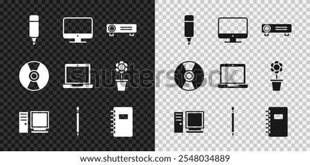 Set Marker pen, Computer monitor screen, Movie, film, media projector, Pencil with eraser, Spiral notebook, CD DVD disk and Laptop icon. Vector