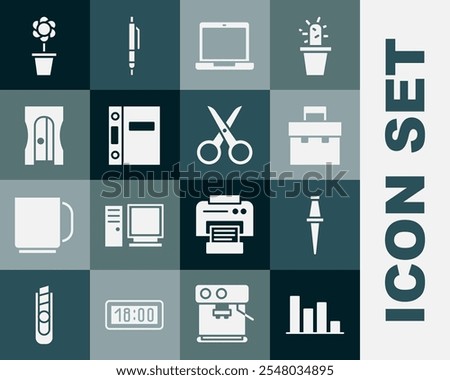 Set Pie chart infographic, Push pin, Briefcase, Laptop, Office folders, Pencil sharpener, Flower pot and Scissors icon. Vector