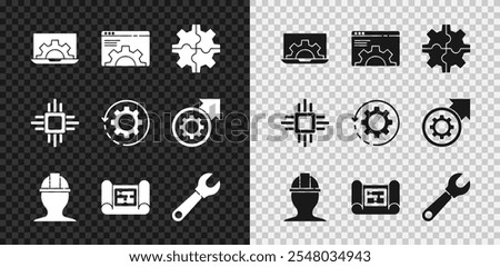 Set Laptop and gear, Browser setting, Gear, Worker safety helmet, House plan, Wrench spanner, Processor with microcircuits CPU and arrows as workflow icon. Vector