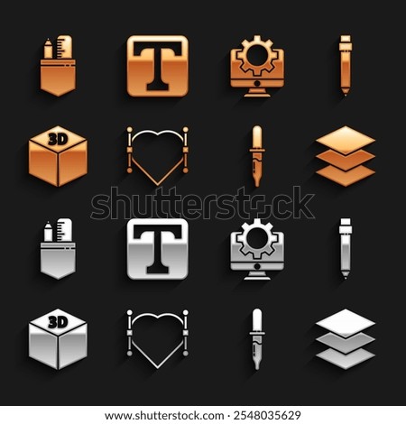 Set Heart with Bezier curve, Pencil eraser, Layers, Pipette, Isometric cube, Computer monitor and gear, Crossed ruler pencil and Text icon. Vector