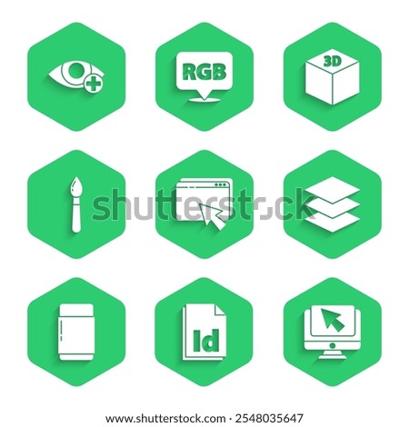 Set Web design and development, ID File document, Computer monitor cursor, Layers, Eraser rubber, Paint brush, Isometric cube and Red eye effect icon. Vector