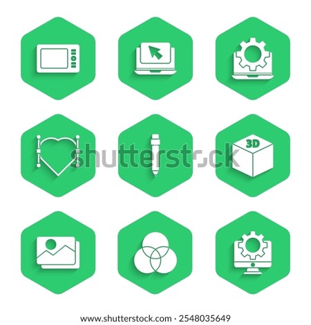 Set Pencil with eraser, RGB and CMYK color mixing, Computer monitor gear, Isometric cube, Picture landscape, Heart Bezier curve, Laptop and Graphic tablet icon. Vector