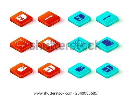 Set Crossed ruler and pencil, Text file document, Heart with Bezier curve, Web design development, Paint brush and PS File icon. Vector