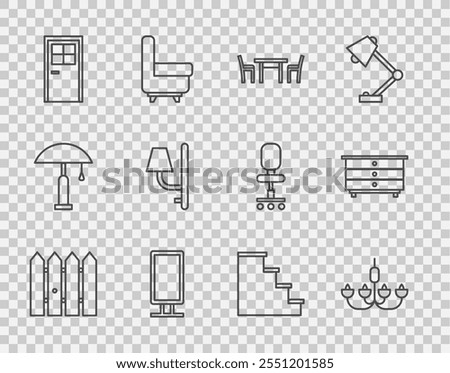 Set line Garden fence wooden, Chandelier, Wooden table with chair, Big full length mirror, Closed door, Wall sconce, Staircase and Chest of drawers icon. Vector