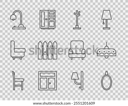 Set line Chair, Mirror, Coat stand, Window in the room, Table lamp, Garden fence wooden, Wall sconce and Chandelier icon. Vector