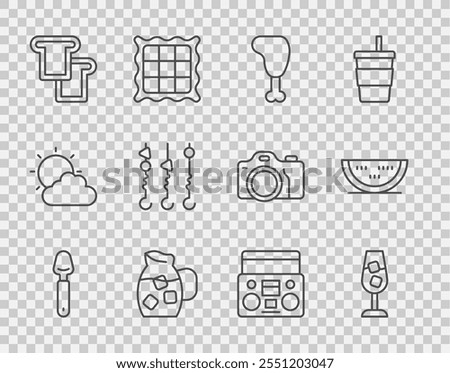 Set line Spoon, Wine glass, Chicken leg, Jug with water, Bread toast, Grilled shish kebab skewer, Home stereo two speakers and Watermelon icon. Vector