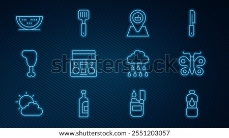 Set line Bottle of water, Butterfly, Picnic location, Home stereo with two speakers, Chicken leg, Watermelon, Cloud rain and Spatula icon. Vector