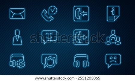 Set line Sad smile, Employee hierarchy, Incoming call phone, Smile face, Mail and e-mail, Outgoing and Telephone handset icon. Vector