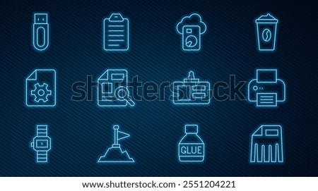 Set line Paper shredder, Printer, Cloud database, Document with graph chart, settings, USB flash drive, Identification badge and To do list or planning icon. Vector