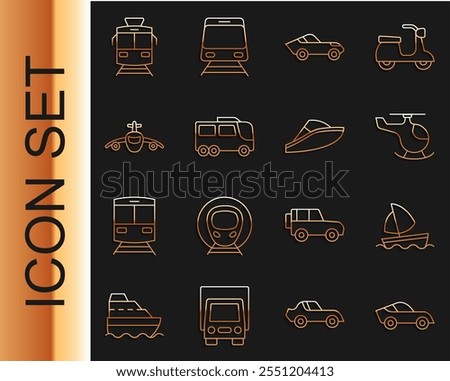 Set line Car, Yacht sailboat, Helicopter, Bus, Plane, Tram and railway and Speedboat icon. Vector