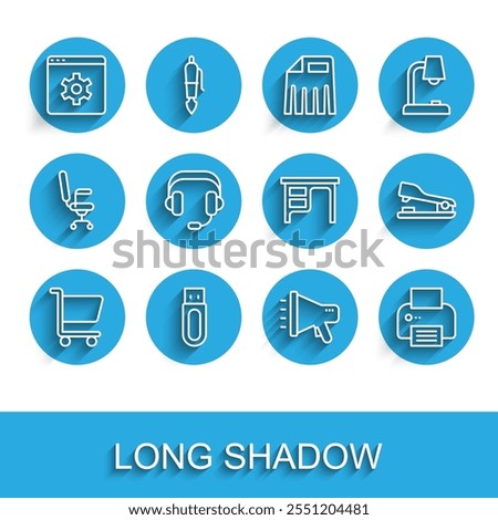 Set line Shopping cart, USB flash drive, Browser setting, Megaphone, Printer, Headphones, Stapler and Office desk icon. Vector