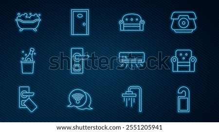 Set line Please do not disturb, Armchair, Sofa, Digital door lock, Bottle champagne, Bathtub, Air conditioner and Hotel icon. Vector