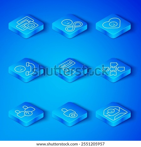 Set line Complicated relationship, Acquaintance, Add to friend, Puzzle pieces toy, Good, Incoming call mobile, Chat messages laptop and Envelope with Valentine heart icon. Vector