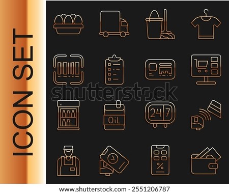 Set line Wallet with money, POS terminal credit card, Shopping cart computer, Mop and bucket, list, Scanner scanning bar code, Chicken egg box and Identification badge icon. Vector