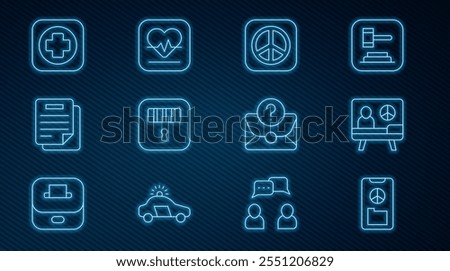 Set line Peace, Prison cell door, Document, Hospital signboard, Envelope with question mark and Heart rate icon. Vector