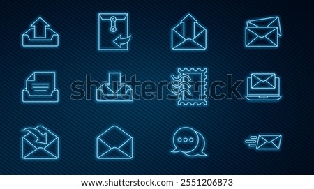 Set line Express envelope, Laptop with, Outgoing mail, Download inbox, Drawer document, Upload, Postal stamp and Envelope icon. Vector