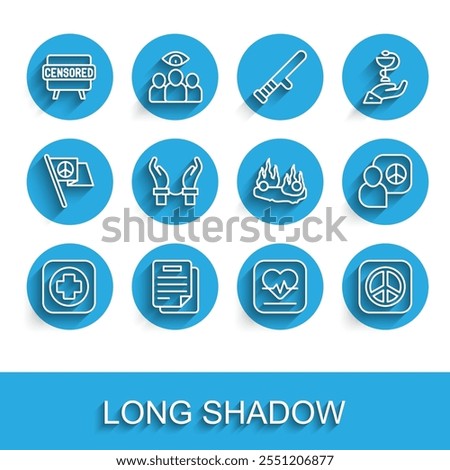 Set line Hospital signboard, Document, Censored stamp, Heart rate, Peace, Handcuffs on hands of criminal, talks and Burning car icon. Vector