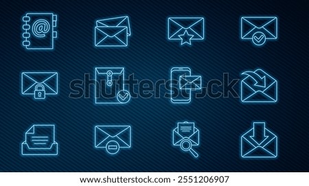 Set line Envelope, with star, and check mark, Mail message lock password, Address book, Mobile envelope and  icon. Vector