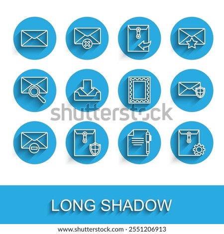 Set line Delete envelope, Envelope with shield, Document and pen, setting, Download inbox,  and Postal stamp icon. Vector