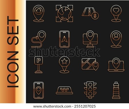 Set line Lighthouse, Laptop with location marker, Location person, Toll road traffic sign, City map navigation, Route,  and Monitor icon. Vector