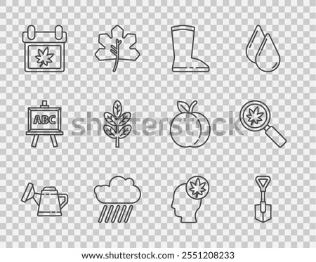 Set line Watering can, Shovel, Waterproof rubber boot, Cloud with rain, Calendar autumn leaves, Leaf or, Human head leaf and Magnifying glass icon. Vector