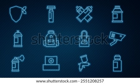 Set line Paint, gouache, jar, dye, Security camera, spray can, School backpack, Vandal, Spray nozzle cap and Marker pen icon. Vector