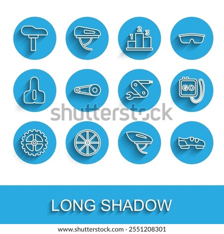 Set line Bicycle sprocket crank, wheel, seat, helmet, shoes, chain with gear, Stopwatch and Swiss army knife icon. Vector