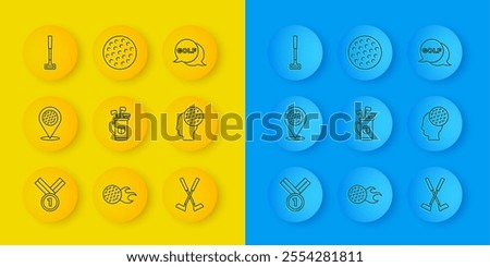 Set line Medal golf, Location sport club, Golf bag with clubs, Crossed, ball, label and  icon. Vector