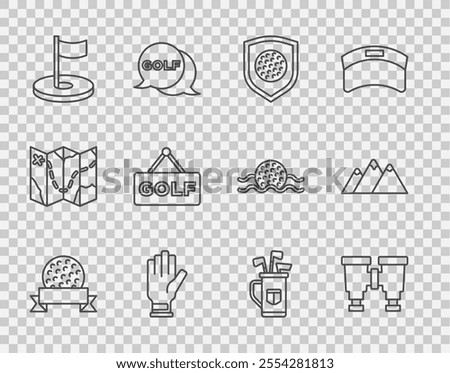 Set line Golf ball, Binoculars, with shield, glove, hole flag, label, bag clubs and Mountains icon. Vector